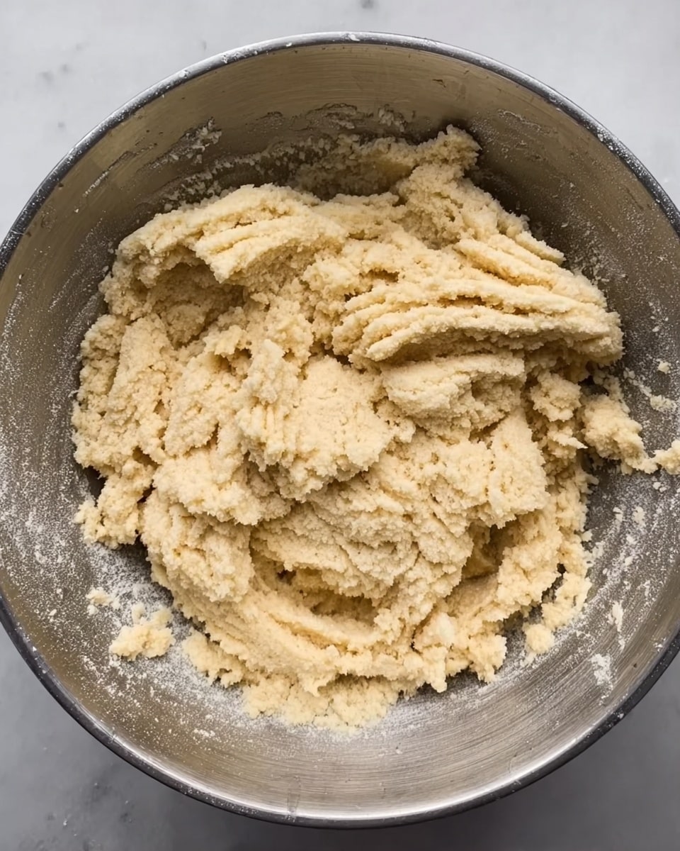 The image shows a close-up of a large bowl filled with rough, crumbly dough that is pale yellow in color. The dough has a coarse texture with parts of it pressed down and marked with a fork, creating small ridges and patterns on the surface. The bowl is silver and metallic, with the dough resting inside it against the shiny background. The whole scene is set on a white marbled surface. photo taken with an iphone --ar 4:5 --v 7