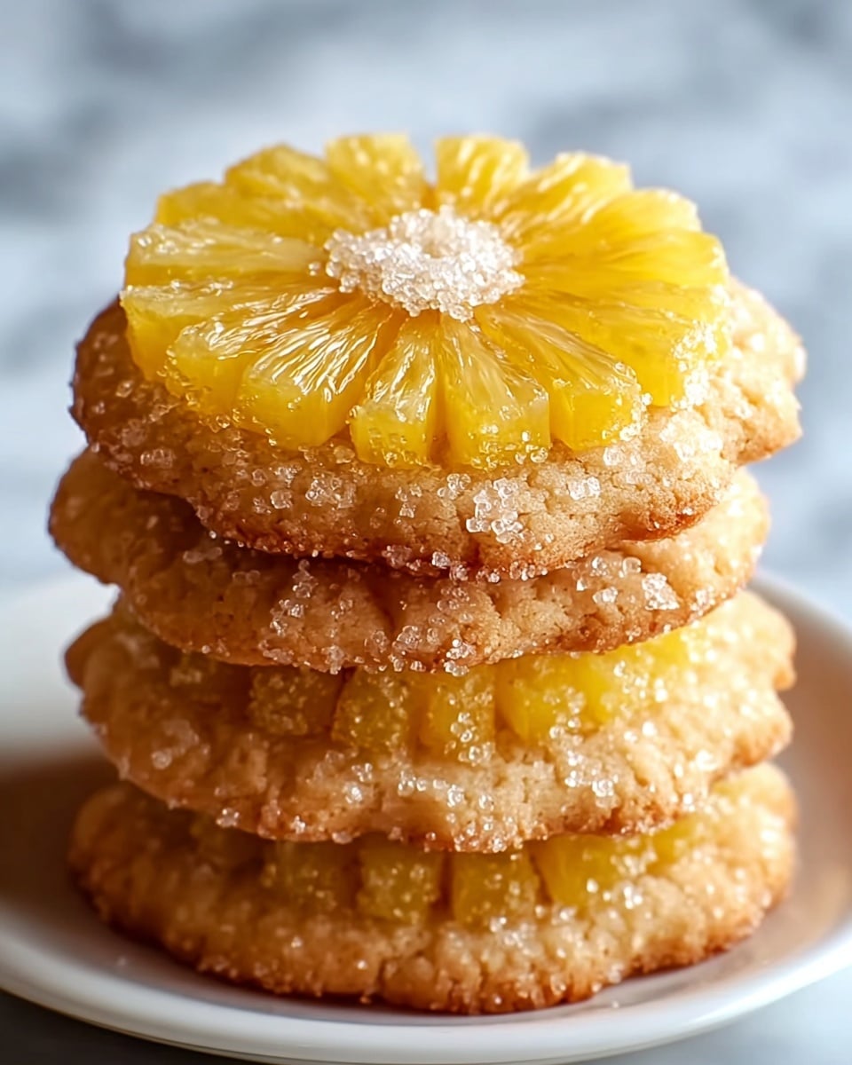 There is a stack of four round pineapple cookies, each with a glossy yellow pineapple slice on top. The pineapple slices have a translucent, juicy texture with visible segments. The cookies underneath are light golden brown with a slightly crumbly texture and sugar crystals lining the edges. Two more pineapple cookies lie flat on the white marbled surface in the background, blurred gently to keep focus on the stacked cookies in front. photo taken with an iphone --ar 4:5 --v 7