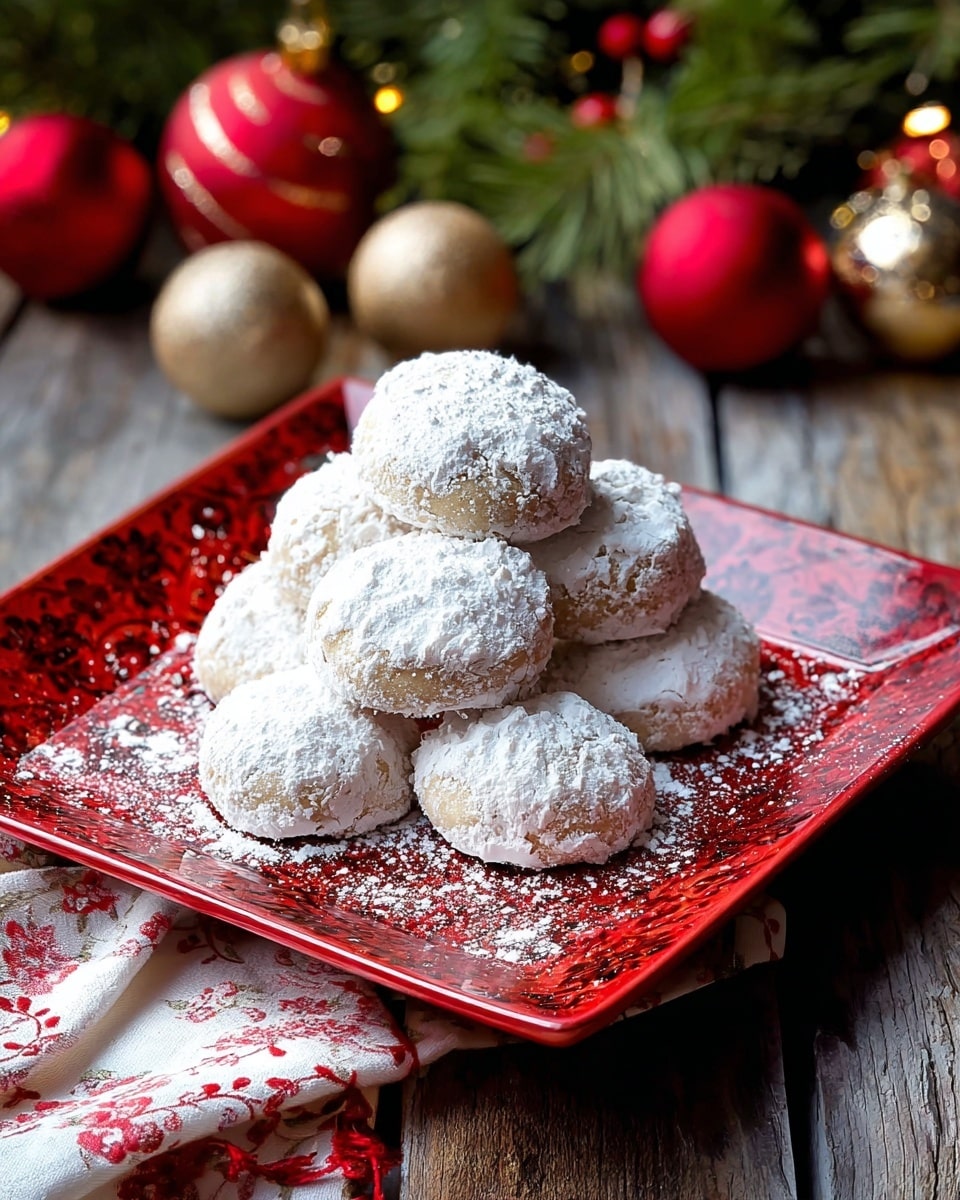 A stack of round cookies covered in white powdered sugar is placed in the center of a square red plate with floral patterns. The cookies are light brown underneath the sugar and stacked in a small pile with several layers visible. The plate rests on a rustic wooden surface with a folded red and white cloth napkin underneath the plate's corner. In the background, there are red and gold Christmas ornaments and green pine branches, adding a festive feel. photo taken with an iphone --ar 4:5 --v 7