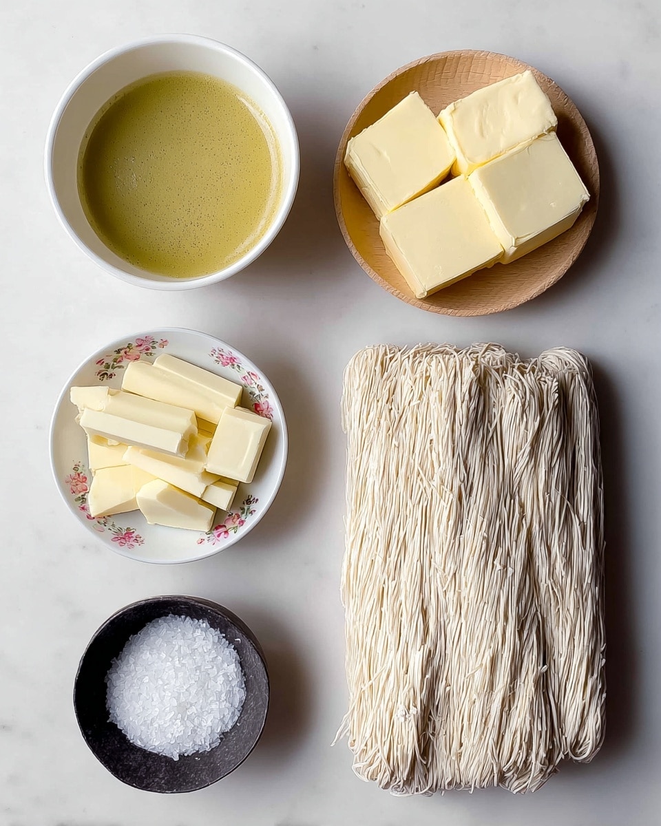 The image shows five different food ingredients placed neatly on a white marbled surface. At the top left, there is a white bowl filled with a smooth, greenish-yellow liquid. Next to it, in the center top, a white bowl with a floral design holds several pale yellow blocks of butter. On the top right, a light wooden bowl contains many small, sliced rectangular pieces of white chocolate. Below these, towards the bottom left, there is a small black bowl with coarse white salt. Finally, at the bottom right, a tightly packed bundle of very thin, light beige noodles with a slightly rough texture is placed flat. Photo taken with an iphone --ar 4:5 --v 7