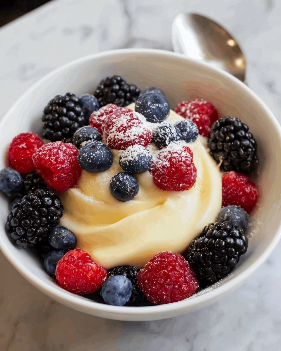 A white bowl is filled with a base layer of fresh blackberries, raspberries, and blueberries, creating a mix of deep black, bright red, and dark blue colors around the edge. In the center, there is a thick, creamy swirl of pale yellow custard or cream. On top of this creamy layer, more berries are placed, giving a colorful, fresh look. A light dusting of white powdered sugar gently covers the berries, adding a soft contrast. The bowl sits on a white marbled surface with part of a silver spoon visible on the side. photo taken with an iphone --ar 4:5 --v 7