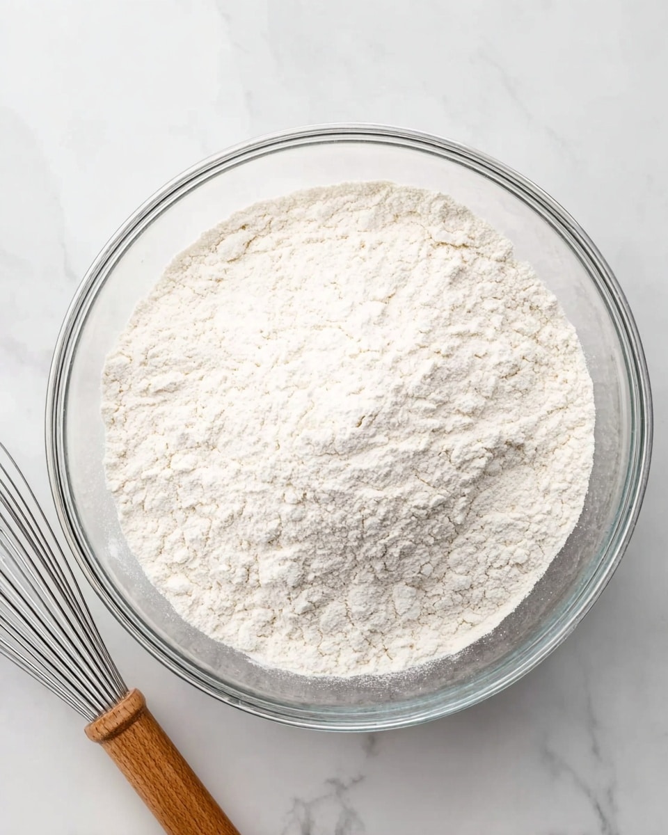 A clear glass bowl filled with a fine layer of white flour, evenly spread to cover the bottom and sides of the bowl. The flour has a soft, powdery texture with small clumps for a natural look. To the left side of the bowl, a whisk with a wooden handle rests on a white marbled surface, adding contrast and a touch of warmth to the scene. photo taken with an iphone --ar 4:5 --v 7