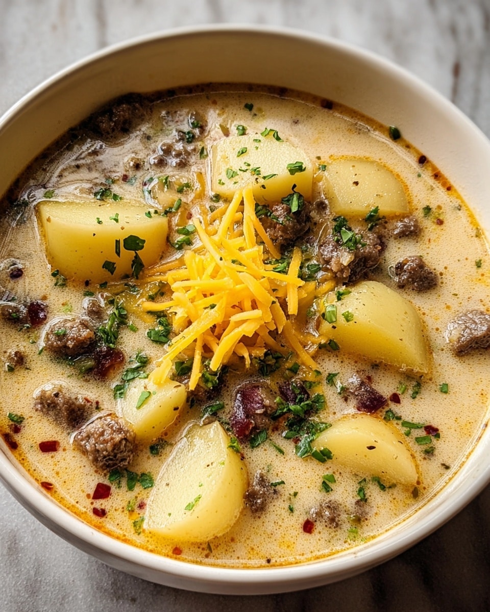 A white bowl filled with creamy soup that has a light yellow color with small red specks on the surface. Inside the soup, there are five chunky pieces of light yellow potato scattered evenly. Small clumps of browned ground meat are spread throughout, with a few pieces of dark red bacon visible. In the center of the bowl, there is a small pile of shredded bright orange cheddar cheese on top. The soup is sprinkled with finely chopped green herbs which add a fresh touch. The bowl sits on a white marbled surface. photo taken with an iphone --ar 4:5 --v 7
