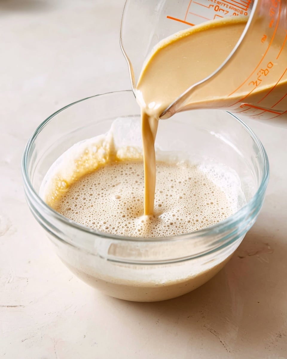 A clear glass mixing bowl sits on a white marbled surface, containing a bubbly, light beige liquid mixture. A woman's hand is pouring a smooth, pale cream-colored liquid from a clear measuring cup with orange markings into the bowl. The pouring liquid creates a thin stream landing gently in the center of the mixture, blending with the slightly frothy texture already in the bowl. The background is softly lit, keeping the focus on the transparent bowl and the action of pouring. Photo taken with an iphone --ar 4:5 --v 7