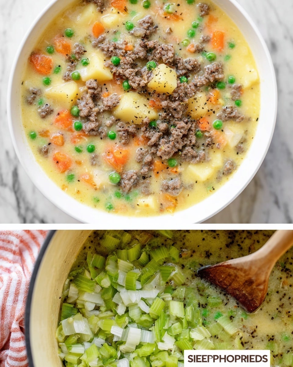 The first dish shows a close-up of a creamy soup in a white bowl on a white marbled surface. The soup has three main layers: the base broth, which is pale yellow and smooth with some light frothy texture; chunks of light yellow potatoes and bright orange carrots scattered throughout; and evenly distributed small green peas adding pops of color. Small bits of browned ground meat are also mixed in, together with finely chopped green celery and white onion pieces. The soup is lightly sprinkled with black pepper flakes, giving subtle dark specks on top. The second image shows raw ground meat cooking in a white pan with many pieces of diced light green celery and white onion around it. A woman's hand is holding a wooden spoon stirring the mixture. The text between the images says