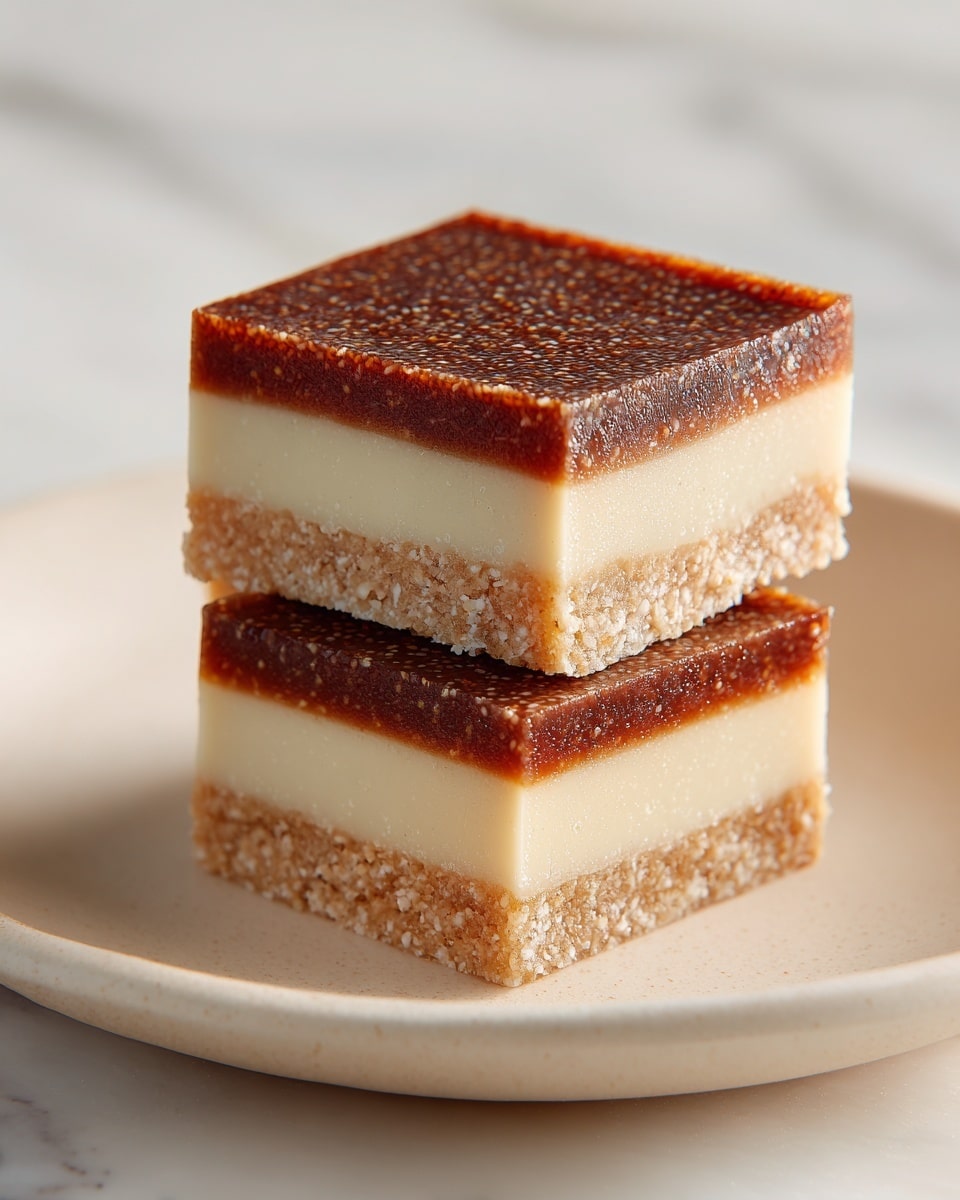 The image shows two square dessert bars stacked on a white plate, placed on a white marbled surface. Each bar has four clear layers: the bottom crust is light brown and crumbly, the next layer is thin and pale yellow, followed by a thick, textured layer of dark golden brown with visible seeds that look sticky and rich, and topped with a thick, creamy off-white layer with a slightly crumbly texture. The edges are clean, and the bars look dense but soft. In the background, there are blurred white dishes. Photo taken with an iphone --ar 4:5 --v 7