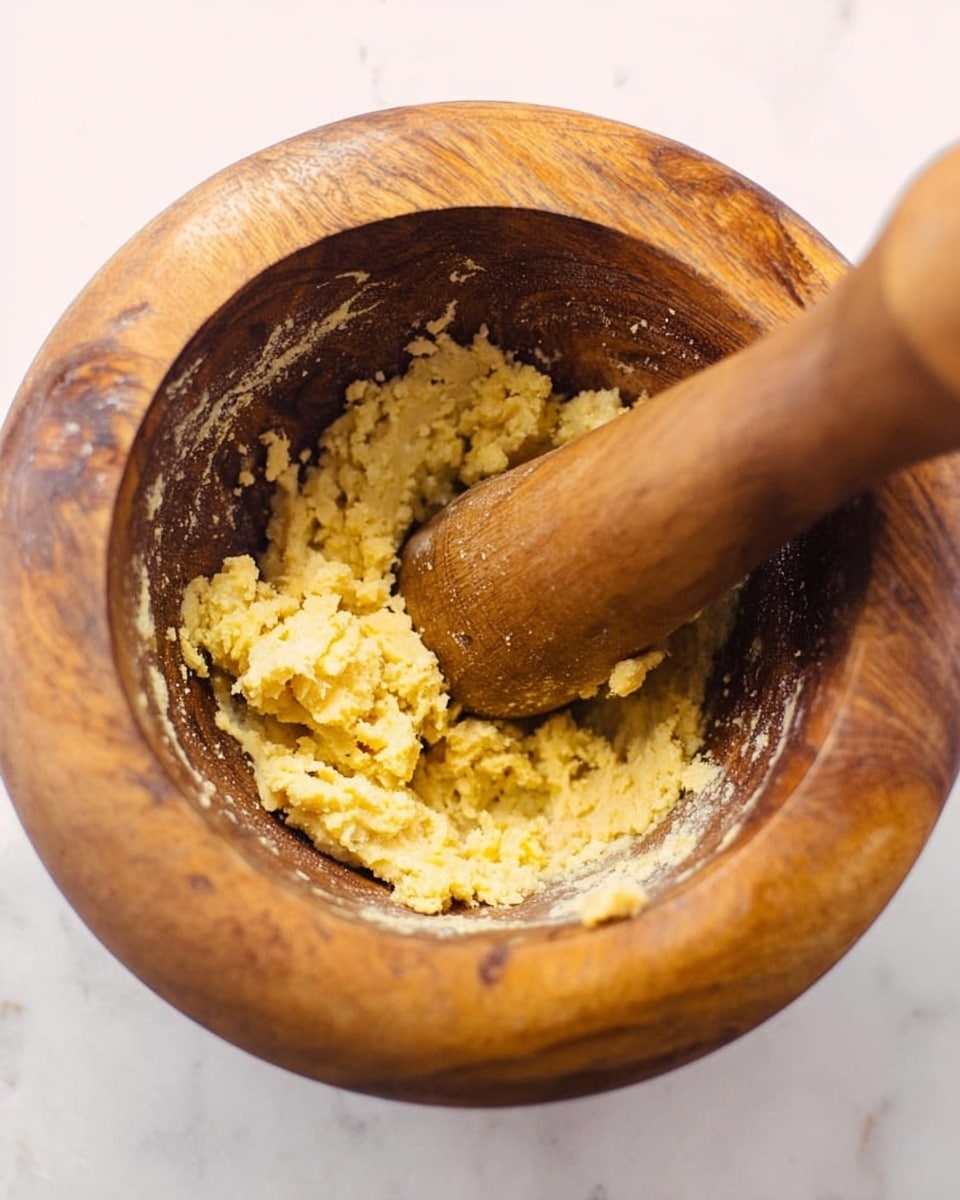A wooden mortar and pestle filled with a mixture of mashed yellow and light brown food, showing a rough, chunky texture. The pestle is partially inserted into the mixture, with a smooth and polished wooden surface. The mortar has a round shape with visible wood grain patterns and a slightly worn interior where the mixture is resting. The background is a white marbled texture. Photo taken with an iphone --ar 4:5 --v 7