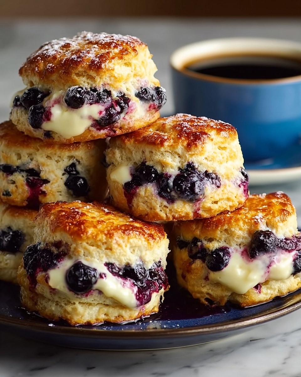 A stack of five golden brown scones with a shiny, slightly crispy top is arranged on a white plate with a dark blue rim, placed on a white marbled surface. Each scone is split into two thick layers, with the top and bottom parts lightly textured and golden in color. Between the layers, there is a creamy, white filling that appears soft and smooth, mixed with many dark purple to black blueberries that add a juicy texture, some of which are bursting slightly and leaking onto the plate. In the background, a blue cup filled with black coffee is partially visible. photo taken with an iphone --ar 4:5 --v 7
