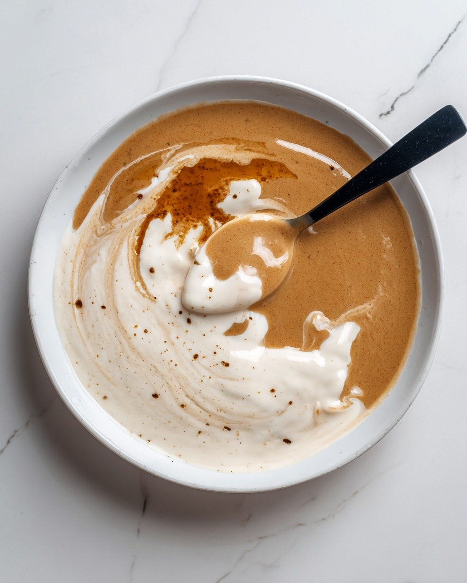 The image shows a close-up of a round white plate with two layers of liquids. The bottom layer covers most of the plate and is a smooth, light brown sauce with some dark specks. On top, there is an uneven spreading of a thick white sauce that covers parts of the brown sauce. The white sauce has a creamy texture and some empty spaces showing the brown sauce underneath. On the top right corner, a black spoon rests partially dipped in the sauces. The plate is placed on a white marbled surface. photo taken with an iphone --ar 4:5 --v 7