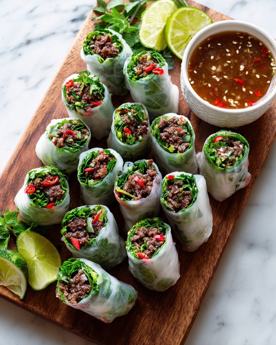 The image shows several small wraps placed on a wooden board with a white marbled background. Each wrap has three visible layers inside: a dark brown layer of cooked ground meat, a bright green layer of chopped fresh cucumber and herbs, and a light tan layer of crushed peanuts sprinkled on top. The wraps are light golden brown and slightly toasted, with some red chili flakes sprinkled on the outside. Two wraps are cut in half, showing the filling clearly, and a small white bowl filled with dark dipping sauce is placed on the board nearby. Photo taken with an iphone --ar 4:5 --v 7