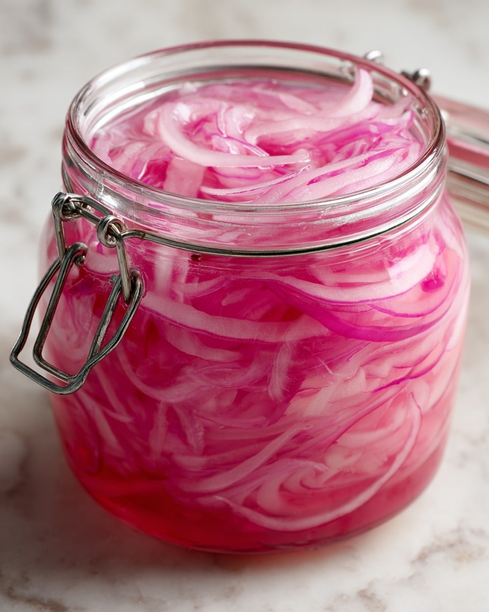 The image shows thin slices of reddish-pink pickled onions fully covered in a shiny liquid. The slices vary in size and are layered randomly, showing smooth surfaces with some translucent edges. The liquid adds a glossy texture, making the onions look wet and fresh, all packed closely in what appears to be a glass jar. photo taken with an iphone --ar 4:5 --v 7
