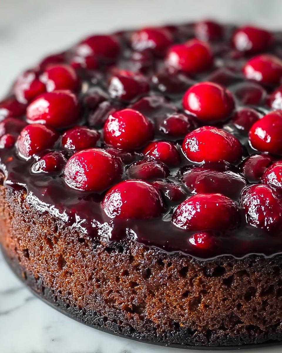 A close-up view of a single-layer dark chocolate cake topped with a shiny, thick cherry glaze that covers the surface unevenly. The glaze is dark red and glossy, with whole bright red cherries embedded and slightly sunken into it. The cake has a moist, textured edge that shows a crumbly yet dense chocolate base. It sits on a simple white plate against a white marbled surface in soft light. photo taken with an iphone --ar 4:5 --v 7
