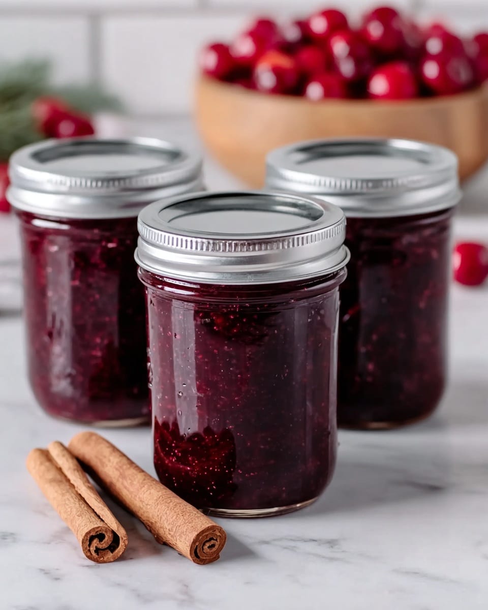 A glass jar filled with thick, rich red cranberry sauce that has a glossy surface and small visible seeds, sitting on a white marbled surface. In the background, there is a wooden bowl filled with fresh, shiny red cranberries, and to the right, a cinnamon stick rests on the white marbled surface near the jar, with blurred green pine leaves adding a touch of natural color. The scene is bright and clean, showing the vibrant colors of the cranberry sauce and its rustic surroundings. photo taken with an iphone --ar 4:5 --v 7