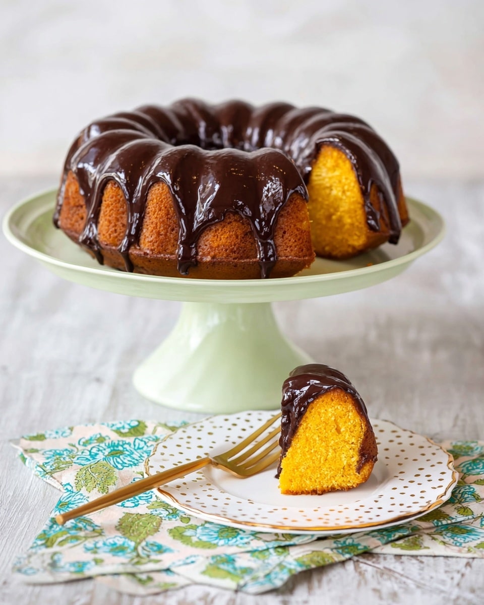 A round bundt cake with a golden brown color sits on a white plate, topped with a thick, shiny layer of dark chocolate glaze that drips unevenly down the sides. The cake has an uneven, slightly rough texture visible beneath the smooth glaze. The white plate rests on a white marbled surface with a colorful striped cloth nearby, featuring red, green, blue, and yellow lines. The photo taken with an iphone --ar 4:5 --v 7