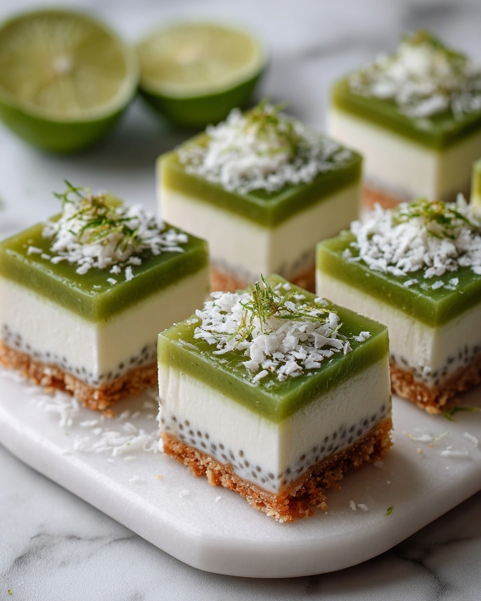The dish shows four square bars with two clear layers sitting on a white plate over a white marbled surface. The bottom layer is a dark brown, crunchy-looking base with visible seeds or grains, while the top layer is thick, creamy, and white with many tiny black chia seeds suspended in it. Each bar is topped with small light brown nut pieces and a bright green lime wedge placed slightly off-center. Some nut pieces are scattered around the bars on the plate. The image is bright and sharp, with a soft focused background showing blurred kitchen items. Photo taken with an iphone --ar 4:5 --v 7