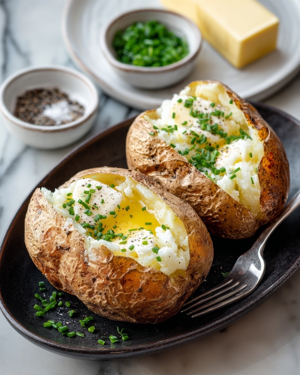Two baked potatoes with rough brown skins sit side by side on a dark oval plate. Each potato is split open, showing soft, fluffy white inside, topped with melted butter that pools in the center. Bright green chopped chives and a sprinkle of black pepper and coarse salt dot the surface. A metal fork rests diagonally across the plate. In the background, a white plate holds small bowls with coarse salt and cracked black pepper, chopped green chives on the side, and a partially unwrapped stick of yellow butter. All items rest on a white marbled surface. photo taken with an iphone --ar 4:5 --v 7