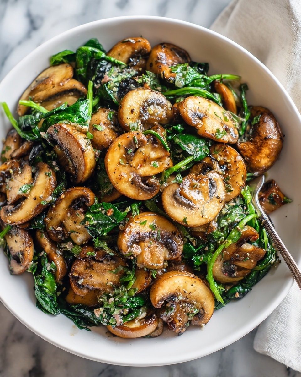 A white bowl filled with a mix of sliced, cooked mushrooms and wilted spinach leaves. The mushrooms are golden brown with a slightly shiny texture, showing some char marks, and scattered all over. Bright green spinach adds color contrast, mixed evenly throughout the mushrooms. Small bits of herbs or seasoning are sprinkled lightly on top, giving a speckled look. The bowl rests on a white marbled surface. Photo taken with an iphone --ar 4:5 --v 7
