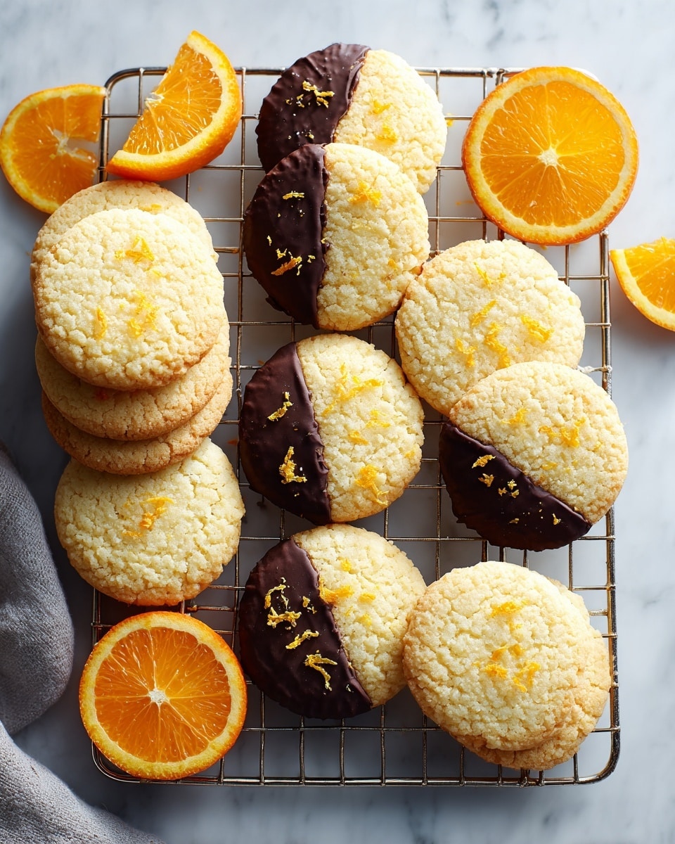 A metal cooling rack holds about sixteen round cookies on a white marbled surface; around half the cookies are plain pale yellow with a slightly crumbly texture, while the others are half-dipped in dark chocolate covering one side with some small orange zest sprinkled on top. The plain cookies are stacked in a small pile on the lower left side of the rack. Three orange slices, one whole cut in half and two quarter slices, are placed around the cookies for decoration, adding a bright orange contrast. The whole scene is bright and clean with light shadows. photo taken with an iphone --ar 4:5 --v 7