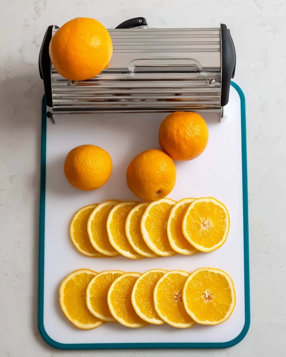 A stainless steel slicer with a black handle sits on a white cutting board with blue corners on a white marbled surface. On the slicer is a whole orange held in place for slicing. Next to the slicer are two whole oranges with smooth skin. Below the slicer, a neat row of seven round orange slices with bright, juicy yellow-orange flesh and light white pith are arranged, showing the fresh texture of the fruit. Photo taken with an iphone --ar 4:5 --v 7