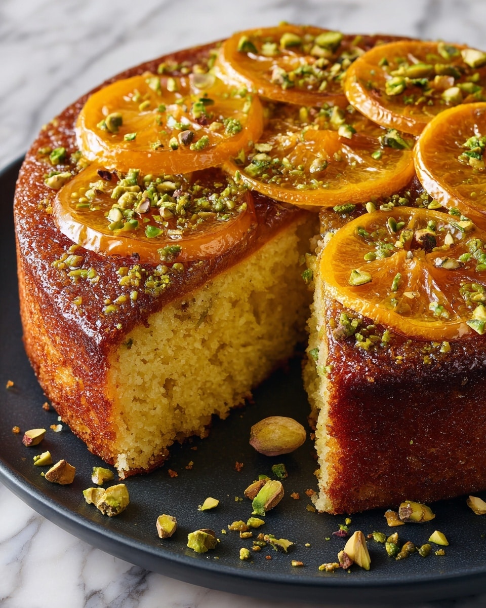 A single slice of golden brown cake is placed in the center of a white plate on a white marbled surface. The cake has one visible layer with a slightly crunchy top sprinkled with chopped green pistachio nuts, adding texture and color contrast to the soft crumb inside. The slice shows a moist and slightly dense texture in warm yellow tones. In the background, a silver fork rests on the plate to the right of the slice. Photo taken with an iphone --ar 4:5 --v 7