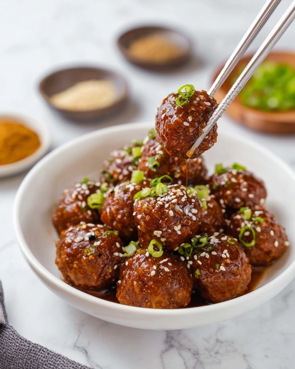 A white bowl holds about fifteen round meatballs coated in a shiny brown sauce. The meatballs are topped with small white sesame seeds and sprinkled with chopped green onions. One meatball is held above the bowl by metal chopsticks, showing the sauce's glossy texture and sesame seeds. The background is a white marbled texture with small dishes holding ground spices and chopped green onions softly blurred. Photo taken with an iphone --ar 4:5 --v 7