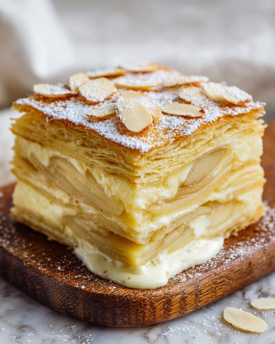 A square piece of layered apple cake is placed on a wooden board. The cake has many thin layers of light yellow and slightly golden apple slices stacked evenly. The top is golden brown with a light crust, decorated with thin almond slices and dusted with white powdered sugar. A small amount of creamy filling oozes out from the bottom side of the cake. The background is softly blurred with a white marbled texture surface visible. Photo taken with an iphone --ar 4:5 --v 7