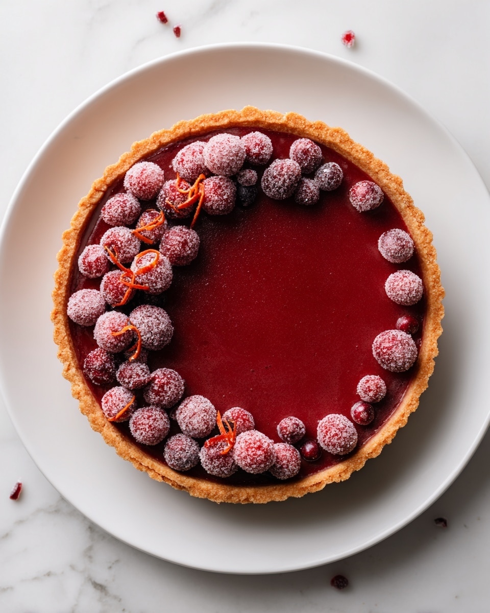A round tart sits on a white plate over a white marbled surface with scattered red berries around. The tart has a golden-brown crust forming the base and edges. Inside, there is a smooth, deep red filling with a matte texture, covering the whole inside area. On top of the filling, a ring of sugared cranberries is placed near the edge, each berry frosted with sugar and some wrapped with thin orange peel curls for a pop of color. The tart looks neat and evenly made. photo taken with an iphone --ar 4:5 --v 7