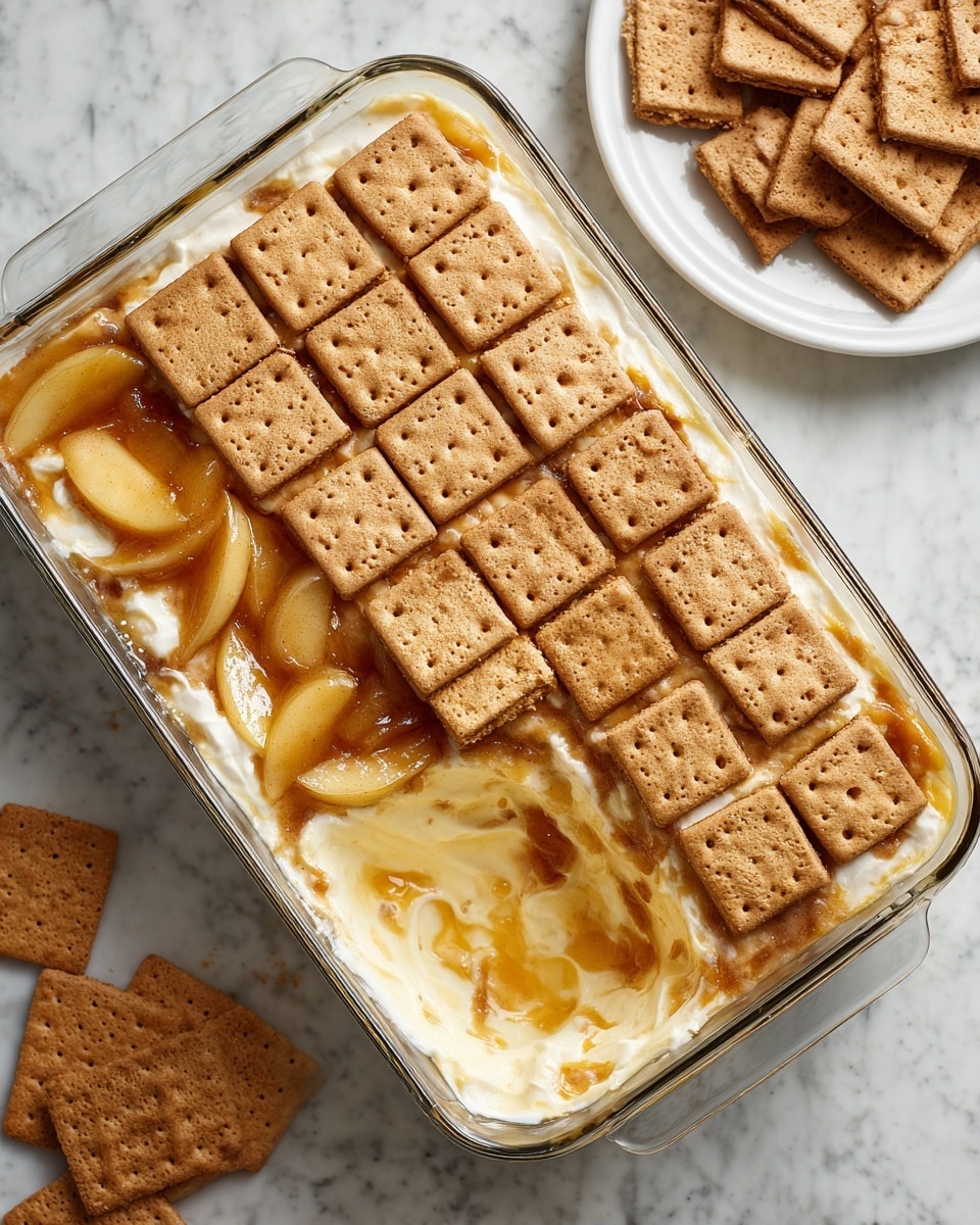 The dish shows a rectangular glass baking dish on a white marbled surface, filled with three clear layers. The bottom layer is smooth and creamy pale yellow, topped partly with a warm golden brown layer made of soft, thick apple slices in syrup on the left side. The right side and center of the dish are covered with a grid of 12 square light brown graham crackers, each with tiny holes on top, neatly arranged in three rows and four columns. A white plate with more graham crackers is seen in the top left corner. photo taken with an iphone --ar 4:5 --v 7