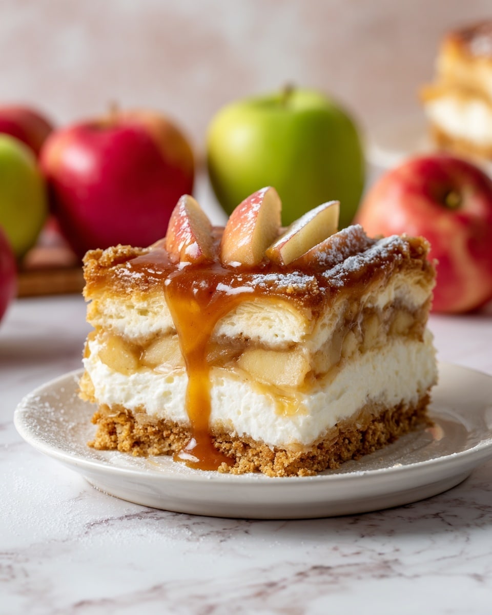 The image shows a square slice of dessert with four visible layers on a white plate set on a white marbled surface. The bottom layer is a crumbly golden-brown crust, followed by a thick creamy white filling. Above that is a layer of sliced light yellow apples, surrounded by more of the creamy filling. The top layer is a glossy caramel sauce that drips slightly over the edges, decorated with apple slices and dusted with a light sprinkle of powdered sugar. In the background, blurred apples in red and green colors add depth to the image. Photo taken with an iphone --ar 4:5 --v 7