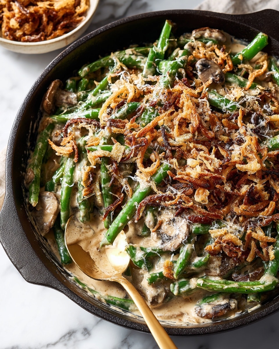 The image shows a close-up of a black skillet filled with creamy mushroom sauce. The sauce is light brown with specks of herbs and spices, and loose slices of brown mushrooms are visible mixed in. A wooden spatula is partly submerged in the sauce, leaning to the right side, showing the thick and smooth texture of the sauce. The skillet is placed on a white marbled surface. photo taken with an iphone --ar 4:5 --v 7