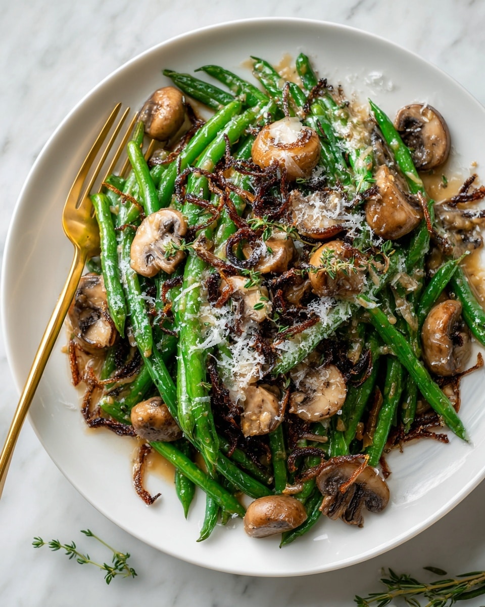 This image shows a close-up of a black cast iron pan filled with a creamy green bean dish. The bottom layer is green beans mixed with sliced mushrooms, lightly coated in a beige creamy sauce with visible spices. On top, there is a crunchy layer of dark golden-brown fried onions scattered unevenly over the green beans. There's also a light sprinkle of grated white cheese on the top, adding texture. The pan rests on a white marbled surface, and to the side, there is a bowl with leftover fried onions. A golden spoon is partly inside the pan, covered with sauce and green beans. Photo taken with an iphone --ar 4:5 --v 7
