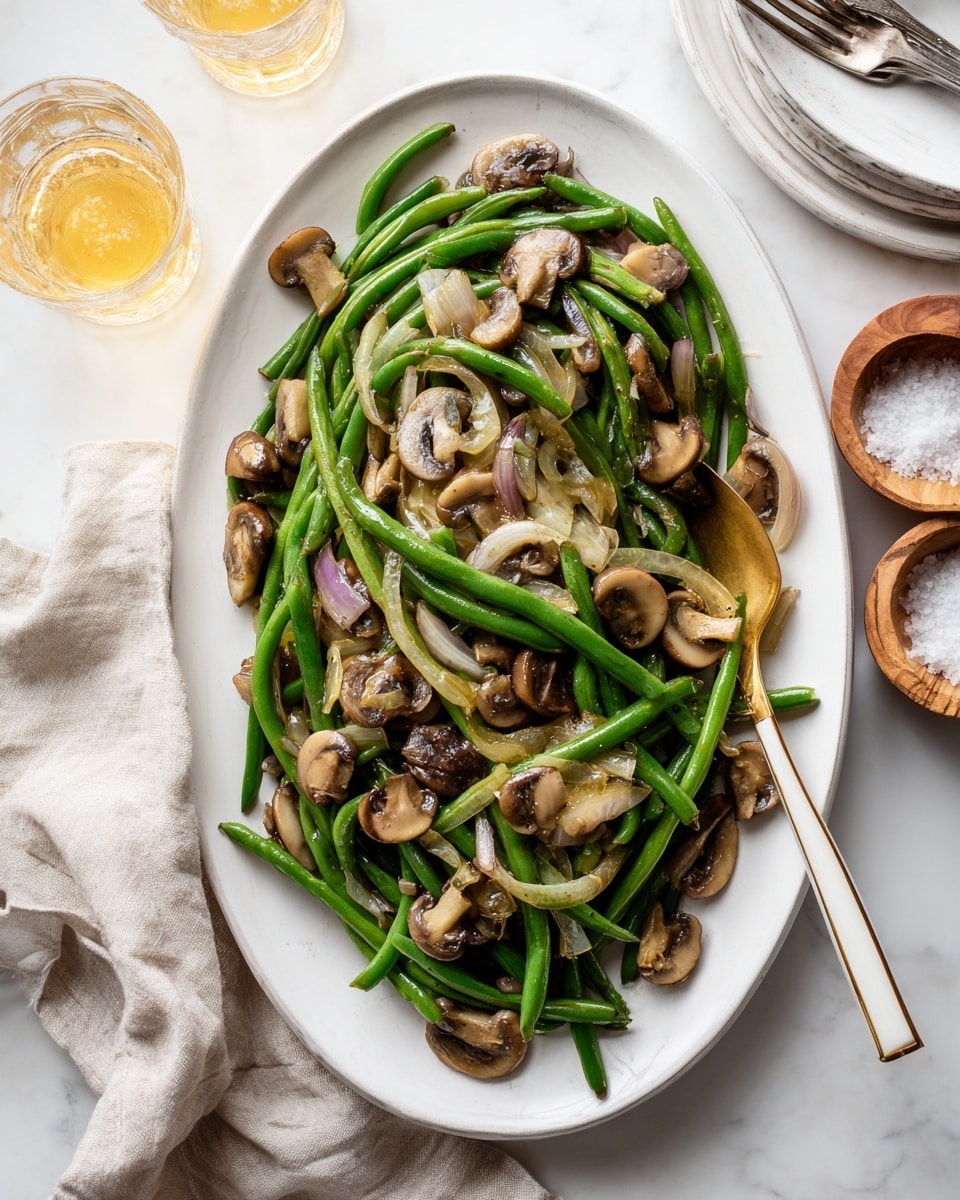 A white oval plate holds a dish of cooked green beans and sliced mushrooms mixed with soft, translucent cooked onions. The green beans are bright green and slightly shiny, layered beneath and around the light tan mushrooms with dark gills. The onions add a light purple touch scattered throughout. A cream-handled spoon with a gold neck rests on the right side of the plate, partially under some green beans. The plate is set on a white marbled surface, surrounded by a glass of light beer, a cork, small wooden bowl of salt, and a part of a white plate with forks near a light beige cloth. Photo taken with an iphone --ar 4:5 --v 7