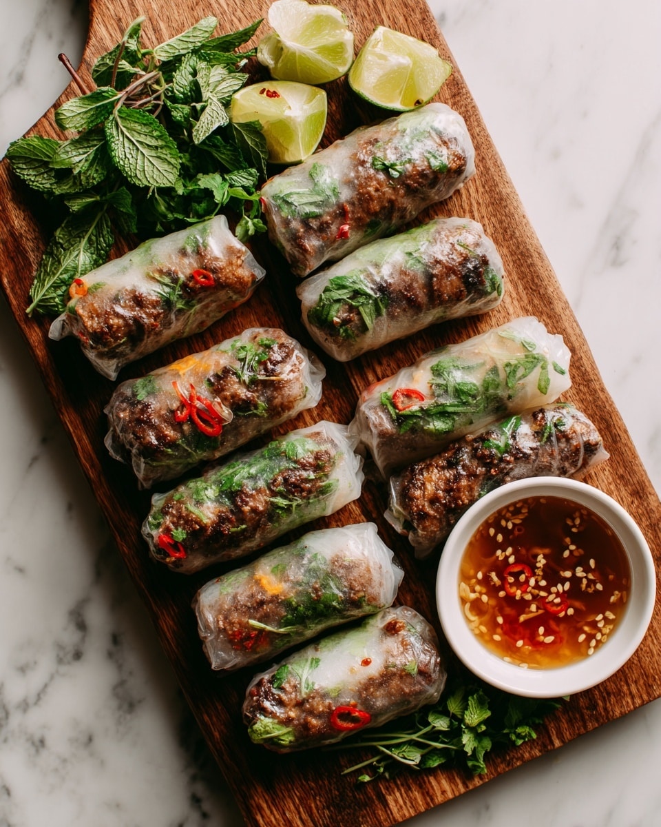A close-up view of five fresh spring rolls neatly lined up on a white plate with a textured surface. Each roll has a translucent rice paper layer that reveals dark brown cooked meat, bright green leafy herbs inside, and is topped with shiny mint leaves and thin slices of red chili. The rolls sit in a shallow pool of glossy dark sauce that shows bits of herbs and seasoning. In the background, a white bowl with a light brown dipping sauce containing small specks of chopped herbs and chili is slightly out of focus. The whole setting rests on a white marbled surface, creating a clean and fresh look photo taken with an iphone --ar 4:5 --v 7