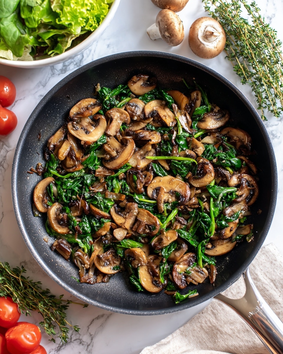 The image shows a close-up of a black frying pan filled with many sliced brown mushrooms cooking. The mushrooms have a shiny, slightly oily texture and are spread evenly across the pan, some overlapping. Steam rises from the hot pan, adding a sense of warmth and freshness. The pan sits on a wooden board with peppercorns scattered around. The background is a white marbled texture with a white cloth and some green herbs blurred in the distance. Photo taken with an iphone --ar 4:5 --v 7
