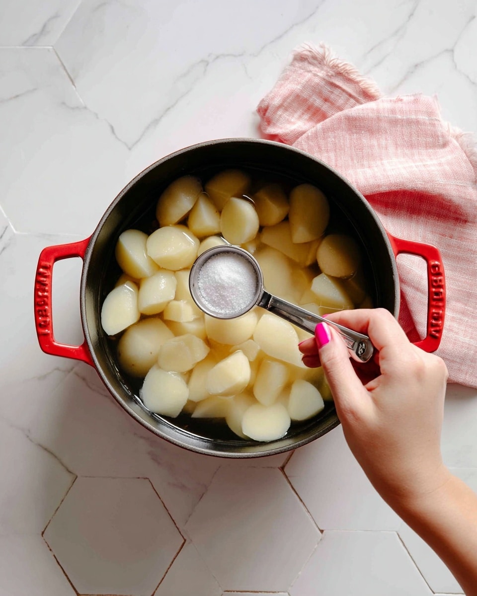 A black pot with red handles sits on a white marbled surface with hexagon tiles, filled with large chunks of peeled potatoes submerged in clear water. A woman's hand with pink nail polish is holding a small metal measuring spoon, pouring salt over the potatoes. A soft pink cloth is partially visible on the upper right. The scene has a bright and clean look. photo taken with an iphone --ar 4:5 --v 7