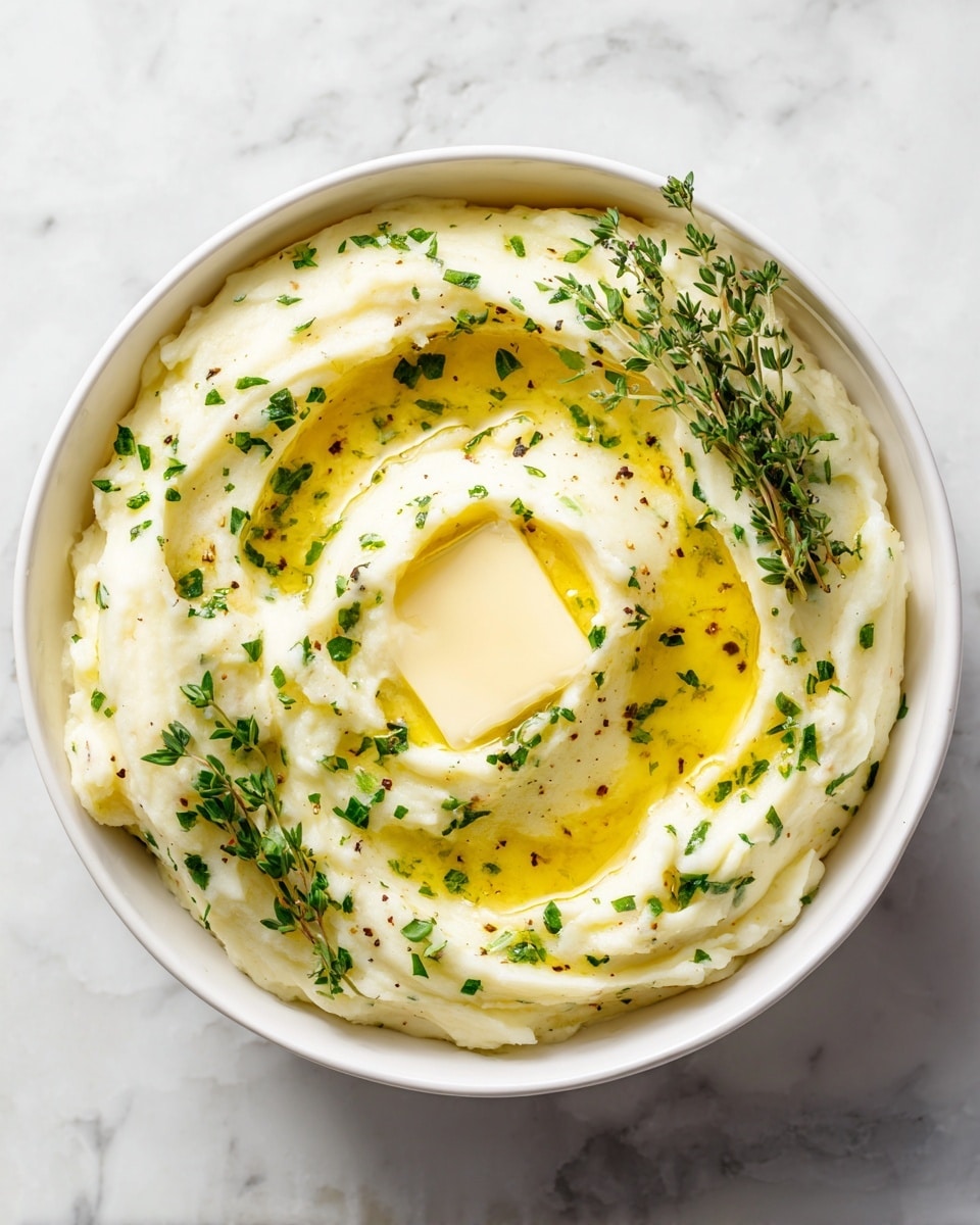 A white bowl filled with creamy mashed potatoes forms the base layer, swirled on top to create soft waves. A square pat of melting yellow butter sits in the center, slowly spreading golden liquid around it in a spiral. Scattered finely chopped green herbs cover the mashed potatoes, with two small fresh green herb sprigs placed neatly on one side. The bowl sits on a white marbled surface photo taken with an iphone --ar 4:5 --v 7