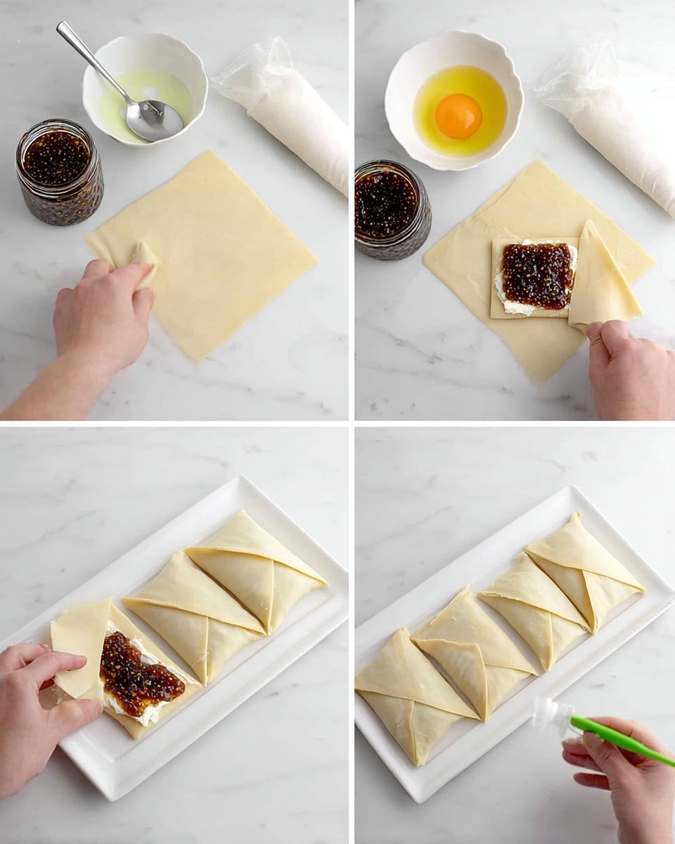 The images show the process of making filled pastry parcels on a white marbled surface. The first layer includes square sheets of light beige pastry dough placed flat, with a white bowl containing a beaten egg and a green brush, a jar of dark brown fig jam with seeds visible, and a white piping bag filled with cream cheese or a similar white filling. The second image shows a woman's hand using a silver spoon to place a dark brown fig jam layer with visible seeds on top of a thick, white cream layer, both sitting in the middle of the pastry square. The third image shows a woman's hand folding the pastry corners over the filling, creating a neat sealed triangle with the light beige dough. The fourth image shows six neatly folded parcels arranged in two rows on a white rectangular plate, with a woman's hand spraying what looks like oil or cooking spray over the top, preparing them for baking. The surface throughout is white marbled, and the scene is well-lit and clean, focusing on the preparation steps photo taken with an iphone --ar 4:5 --v 7
