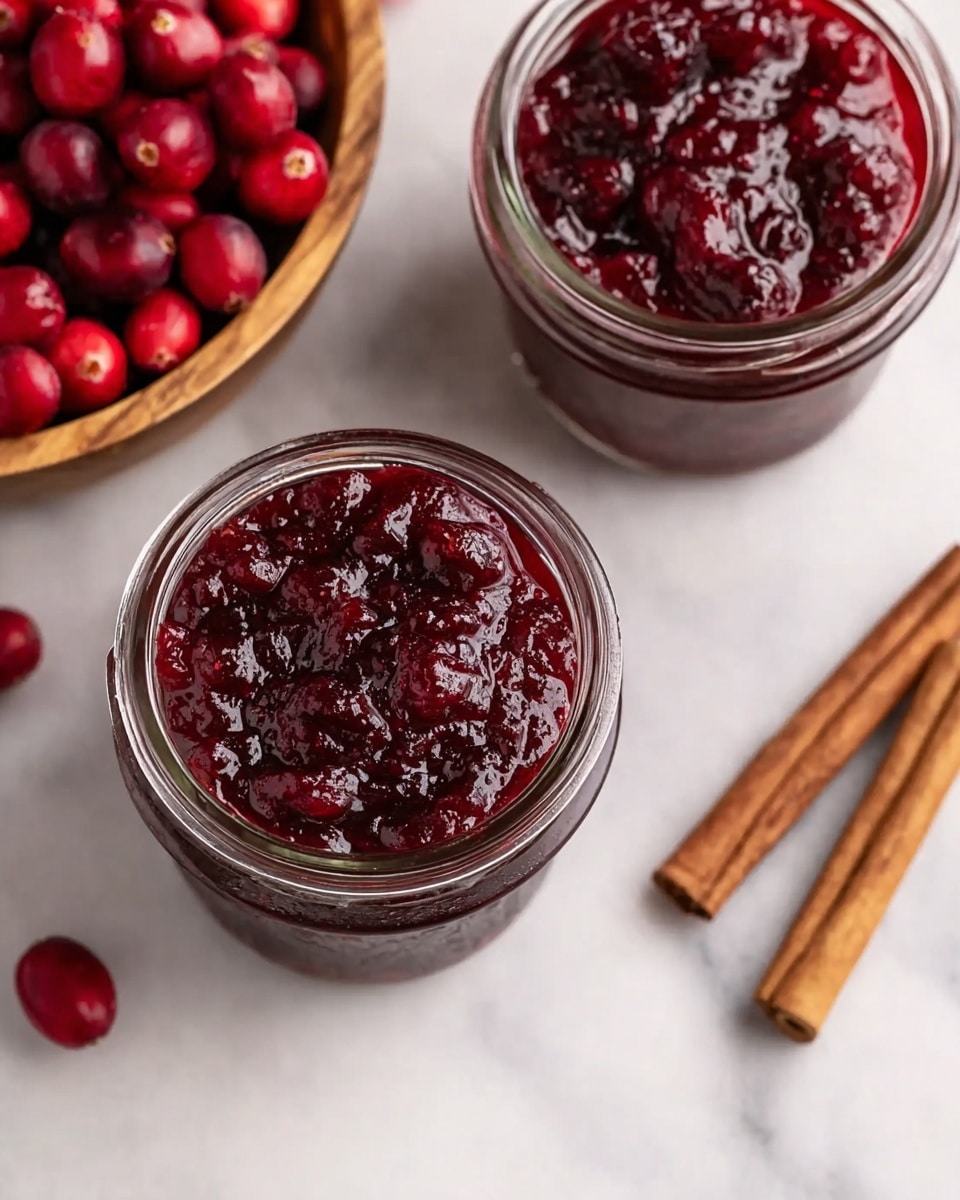 Two small glass jars filled with thick, dark red cranberry sauce that has a shiny, slightly chunky texture. The jars are placed on a white marbled surface. In the top left corner, there is a wooden bowl filled with fresh, bright red cranberries. Below the bowl, two cinnamon sticks lie on the marbled surface. The photo is a close-up, showing the rich texture and color of the sauce clearly. Photo taken with an iphone --ar 4:5 --v 7