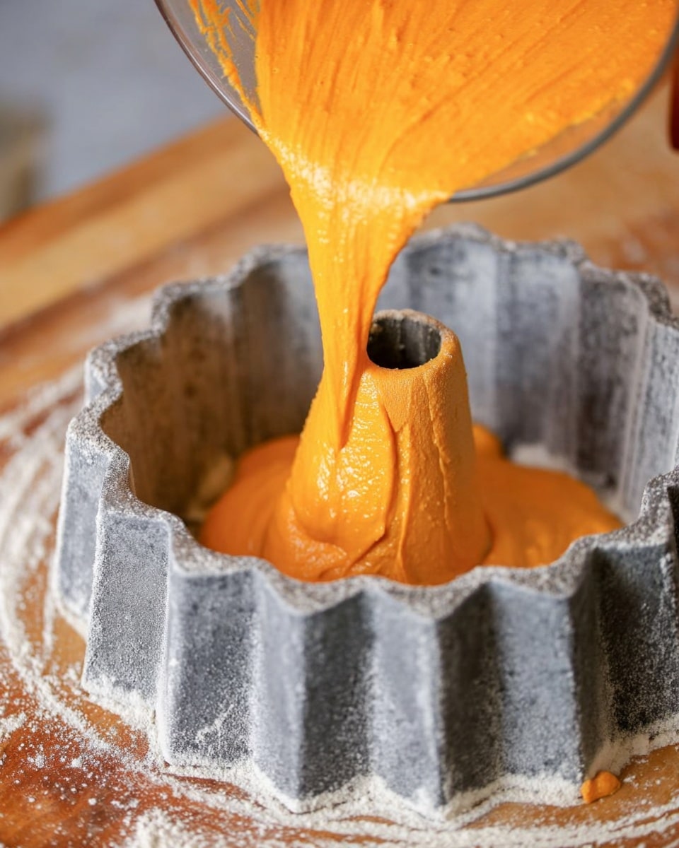 A close-up image shows bright orange batter being poured from a clear container into a fluted, gray bundt pan dusted with flour. The batter is smooth and thick as it flows, filling the pan evenly around the central tube. The pan rests on a wooden surface with some flour scattered around. The background is softly blurred, focusing attention on the pouring motion and the textured pan. photo taken with an iphone --ar 4:5 --v 7
