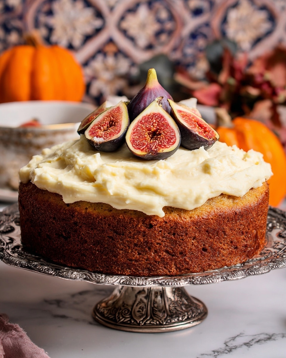 A single-layer cake with a golden brown, slightly textured base sits on a decorative silver plate. On top, there is a thick layer of creamy, pale yellow frosting that is spread in loose, soft waves. At the very center of the cake, fresh figs cut in halves and quarters are arranged, showing their deep red, seed-filled interior with dark purple skin. Around the cake are small pumpkins in yellow and white, all placed on a white marbled surface, with a patterned background behind them. photo taken with an iphone --ar 4:5 --v 7