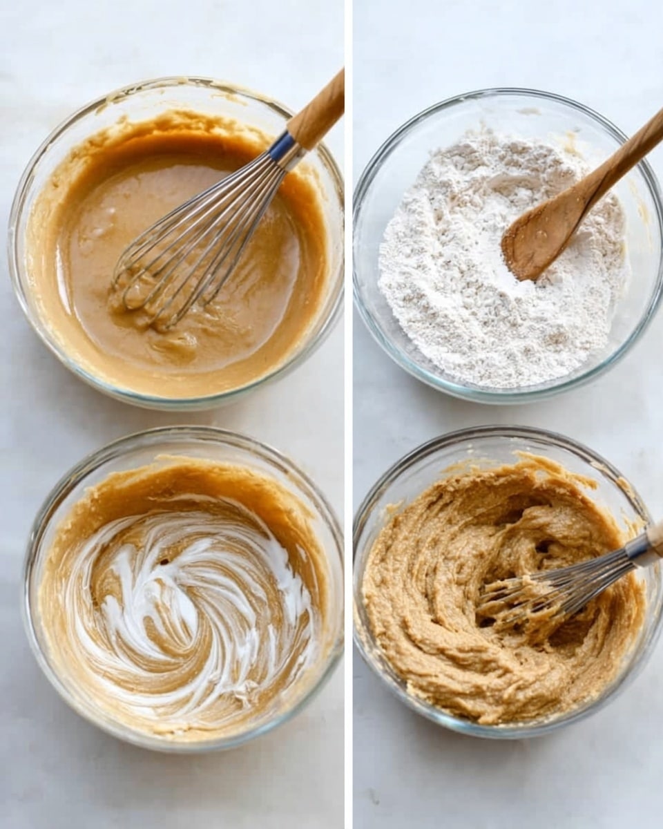 Three clear glass bowls are arranged side by side on a white marbled texture. The first bowl contains a smooth, light brown batter being stirred with a metal whisk with a wooden handle. The batter is thick and glossy, coating the sides of the bowl. In the second bowl, a wooden spoon mixes white flour into the same light brown batter, creating a swirling mix of white powder and batter in the center. The flour sits mainly on top, with the spoon partly submerged. The third bowl shows the thick, textured light brown dough after the flour has been mostly mixed in, with a metal spoon pressing into it from the right side. The dough fills much of the bowl and looks firm but pliable. photo taken with an iphone --ar 4:5 --v 7