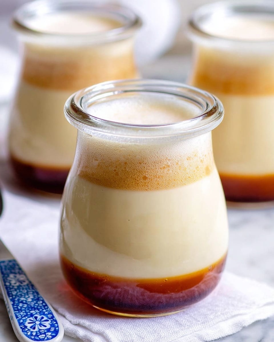 The image shows a close-up of a small clear glass jar with three visible layers inside. The bottom layer is a thin dark amber color, smooth and solid. The middle layer is a thicker beige cream, soft and slightly glossy. The top layer is a light creamy white foam, fluffy and airy, filling the jar up to the rim. There are two more jars with the same three layers blurred in the background, all placed on a white marbled surface with a white cloth underneath, and a blue patterned spoon visible on the left side. Photo taken with an iphone --ar 4:5 --v 7
