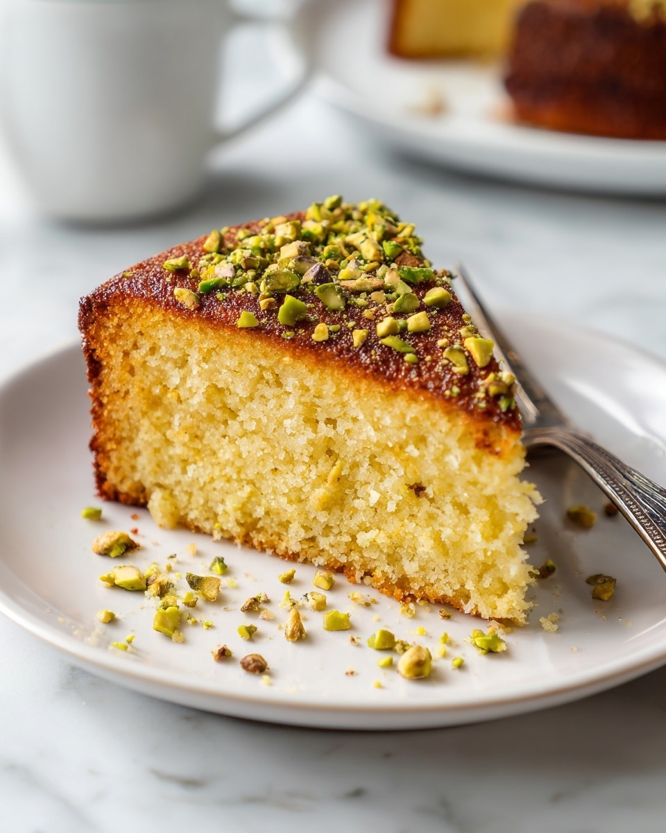 The image shows a round, golden-brown cake with a dense texture, about two layers thick, sitting on a black plate. The top layer is decorated with shiny, caramelized orange slices arranged in a circle, and scattered green and brown chopped pistachios. One slice is missing, revealing the moist yellow interior with bits of green pistachio inside. There are a few crumbs around the cake on the plate. The background is a white marbled texture. Photo taken with an iphone --ar 4:5 --v 7