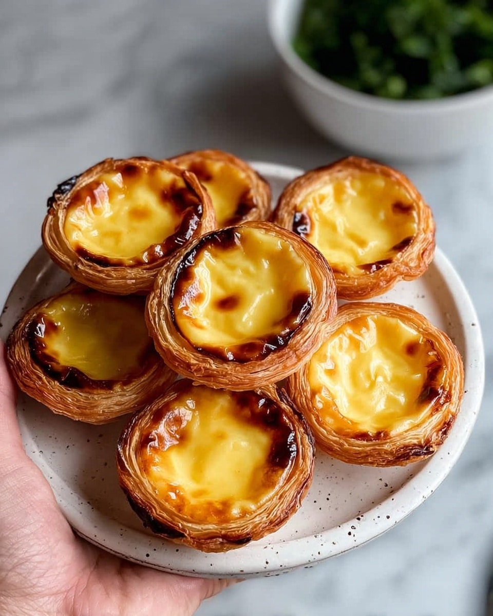 Seven pastel de nata tarts with a golden yellow creamy custard center, each surrounded by multiple flaky light golden brown layers of crispy pastry crust, arranged closely in a white round plate with small dark speckles around the edges. A woman's hand is holding the plate from the left side, all set against a white marbled background with a blurred white bowl filled with dark green leaves in the top right corner. photo taken with an iphone --ar 4:5 --v 7