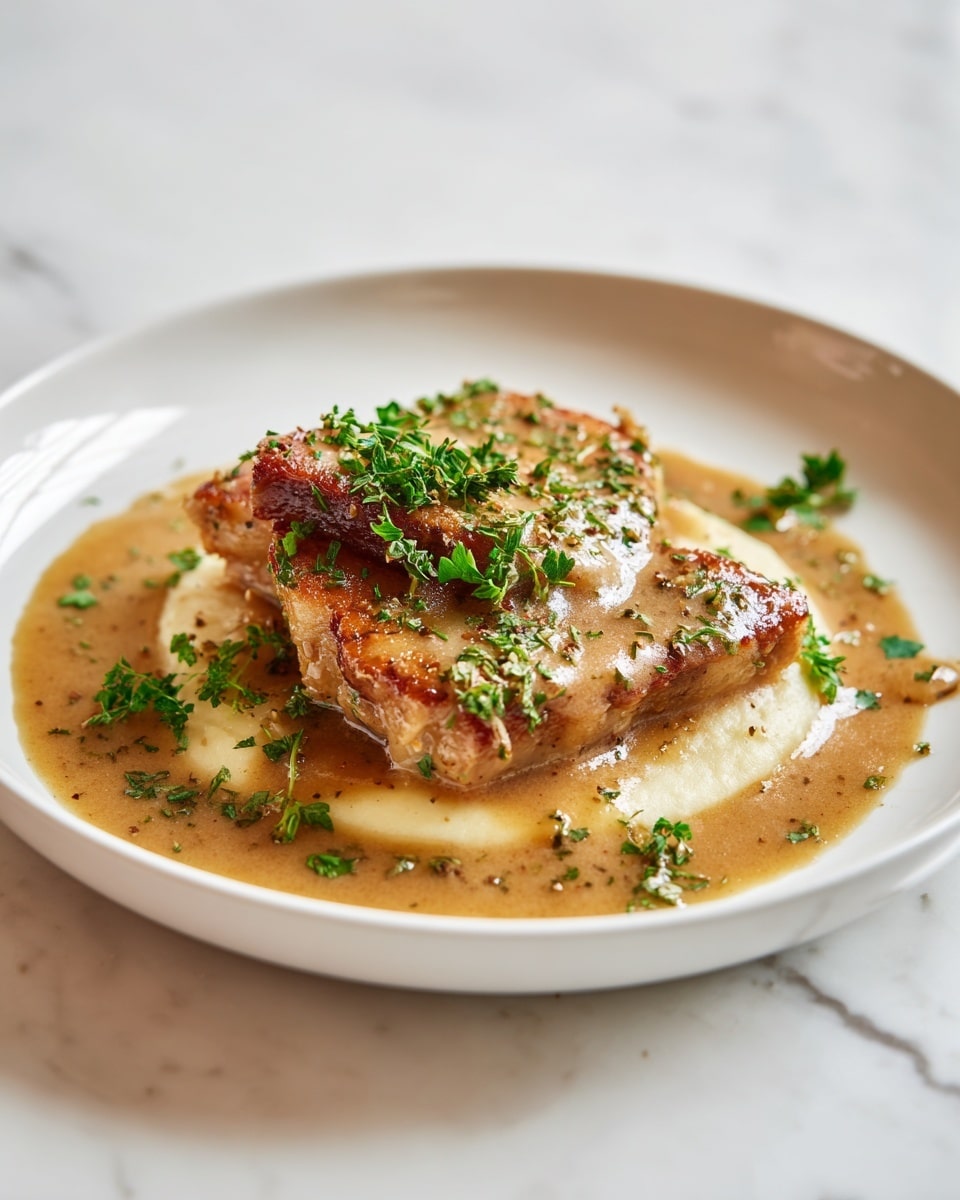 The dish shows one layer of white mashed potatoes with a soft and fluffy texture, positioned at the bottom in a white bowl. On top of the mashed potatoes sits a thick, browned piece of meat with a grilled texture and a shiny, slightly oily surface. Covering both the meat and potatoes is a thick brown sauce filled with small mushroom pieces and sprinkled with chopped green herbs, adding a fresh pop of color. The sauce is glossy and looks rich, pooling around the base of the mashed potatoes. The photo has a white marbled background. photo taken with an iphone --ar 4:5 --v 7