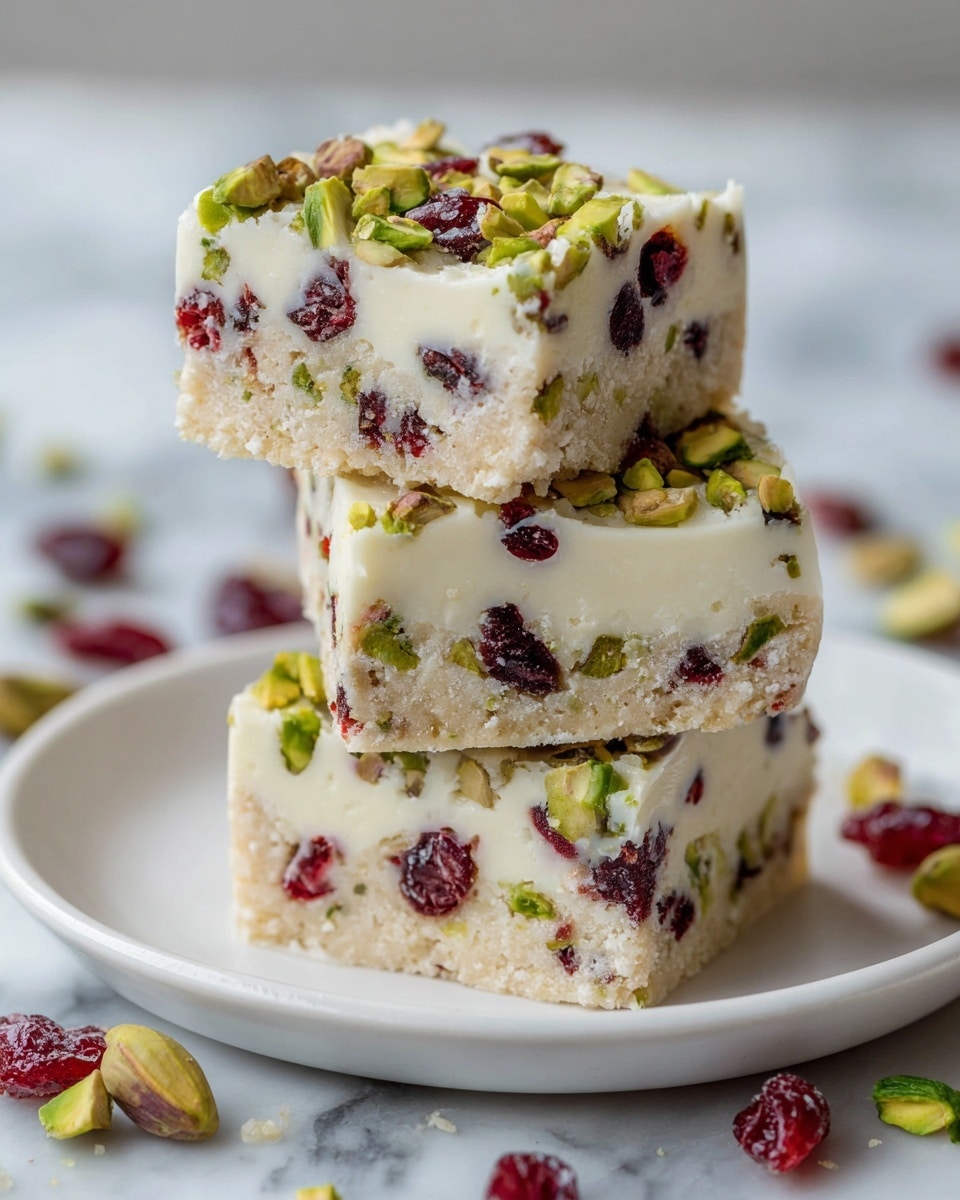 The image shows a close-up of three stacked white fudge pieces on a white marbled surface. Each fudge layer has a smooth, creamy off-white base filled with bright red dried cranberries and light green pistachio nuts evenly spread inside. The top fudge piece also has whole cranberries and pistachios sitting on the surface, adding texture. The edges of the fudge are slightly rough, giving a homemade feel. The background is softly blurred with warm tones. Photo taken with an iphone --ar 4:5 --v 7