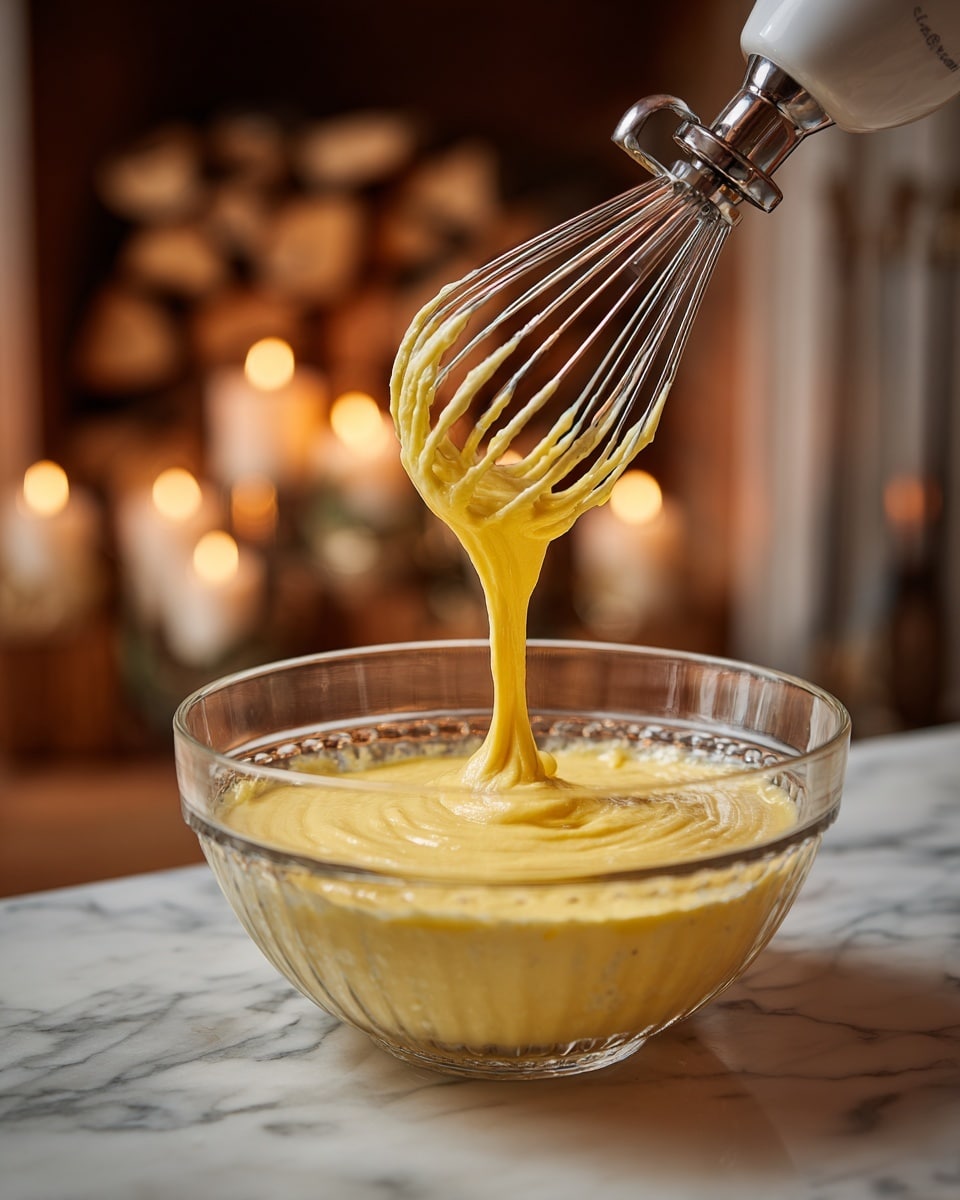A clear glass bowl sits on a white marbled surface filled with a yellow mixture being whipped by a silver beater attached to a white handheld mixer. The mixture has a smooth, swirling texture with air bubbles on the surface, showing motion. The background is warm and cozy, featuring a blurred fireplace with glowing candles and stacked firewood, giving a soft orange glow to the scene. photo taken with an iphone --ar 4:5 --v 7