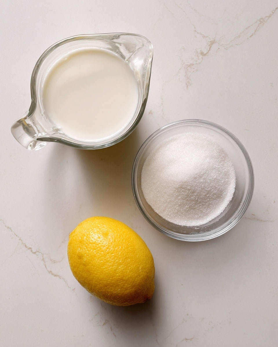 The image shows three ingredients placed on a white marbled surface: a clear glass jug filled with milk positioned at the top left, a clear glass bowl full of white sugar placed at the top right, and a bright yellow lemon lying at the bottom center. Each item is distinct, with the milk’s smooth white texture and the sugar’s fine grainy appearance clearly visible, while the lemon has a shiny, slightly bumpy skin. The setup is simple and clean, with each element spaced evenly apart. photo taken with an iphone --ar 4:5 --v 7