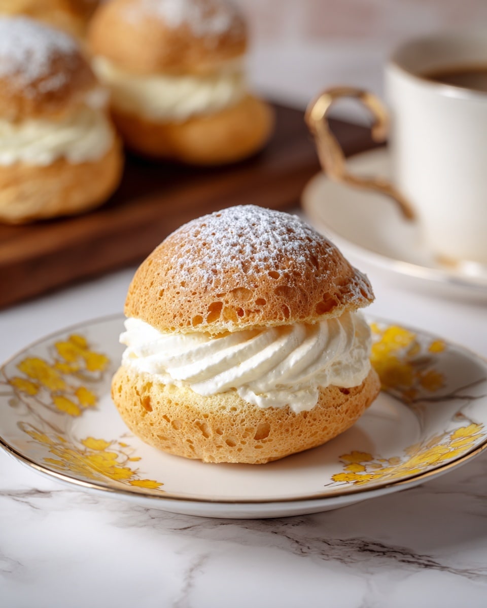 A single round cream puff is placed in the middle of a white plate with yellow floral patterns. The puff has two golden-brown layers, the top one dome-shaped and slightly cracked, dusted lightly with powdered sugar. Between the layers sits a thick, white cream filling that looks fluffy and smooth. In the background, there are more cream puffs on a dark wooden board and a white cup partially visible, all set on a white marbled surface. photo taken with an iphone --ar 4:5 --v 7