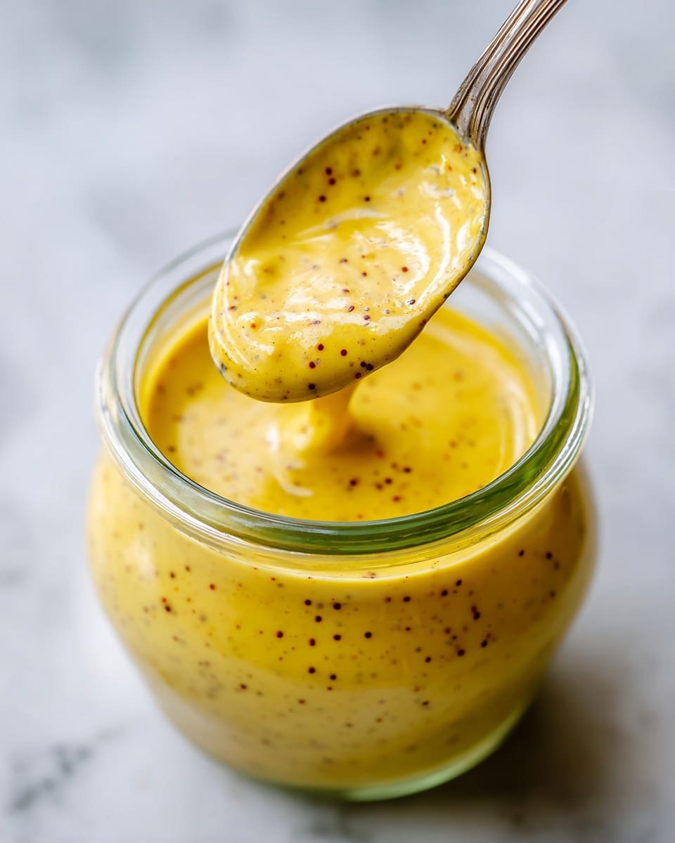 The image shows a clear glass jar filled with a creamy yellow mustard sauce that has small mustard seed specks throughout, giving it a textured look. A silver spoon is scooping some of the sauce from the jar, showing its thick and slightly grainy consistency. The jar is placed on a white marbled surface, which adds a clean and bright contrast to the rich yellow color of the sauce. Photo taken with an iphone --ar 4:5 --v 7